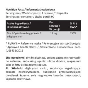 Cynk 15 mg – diglicynian cynku (chelat) – 90 kapsułek | Majestic Labs