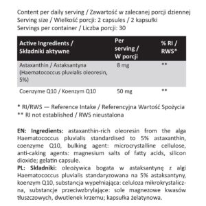 Astaksantyna 8 mg + koenzym Q10 50 mg – 60 kapsułek | Majestic Labs
