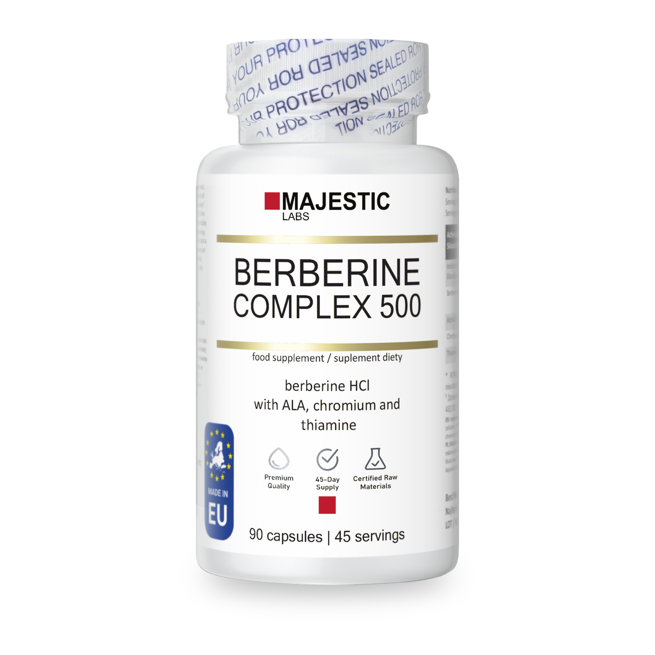 Berberine Complex 500 – berberyna HCl + kwas alfa-liponowy, chrom i tiamina – 90 kapsułek | Majestic Labs