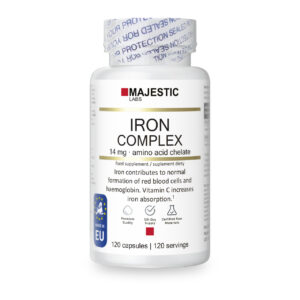 Żelazo 14 mg (bisglicynian) + witamina C, foliany i B12 – Iron Complex – 120 kapsułek | Majestic Labs