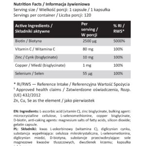 Hair · Skin · Nails – biotyna 2500 µg, witamina C, cynk, miedź, selen – 120 kapsułek | Majestic Labs