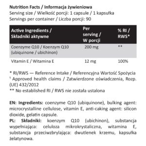 Koenzym Q10 200 mg (ubichinon) + witamina E – 90 kapsułek | Majestic Labs