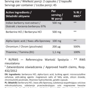 Berberine Complex 500 – berberyna HCl + kwas alfa-liponowy, chrom i tiamina – 90 kapsułek | Majestic Labs