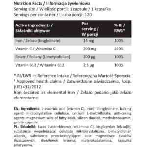 Żelazo 14 mg (bisglicynian) + witamina C, foliany i B12 – Iron Complex – 120 kapsułek | Majestic Labs