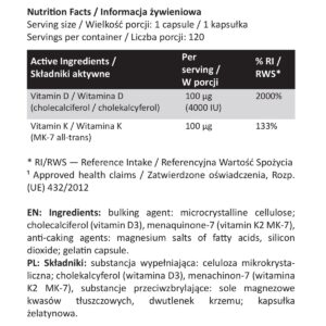 Witamina D3 4000 IU + K2 MK-7 100 µg – K2 + D3 SENIOR 75+ – 120 kapsułek | Majestic Labs