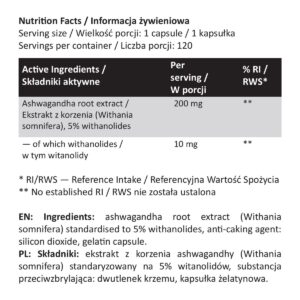 Ashwagandha – ekstrakt z korzenia 200 mg, 5% witanolidów – 120 kapsułek | Majestic Labs