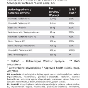 B-Complex Methyl + TMG – witaminy z grupy B w formach aktywnych + trimetyloglicyna – 120 kapsułek | Majestic Labs